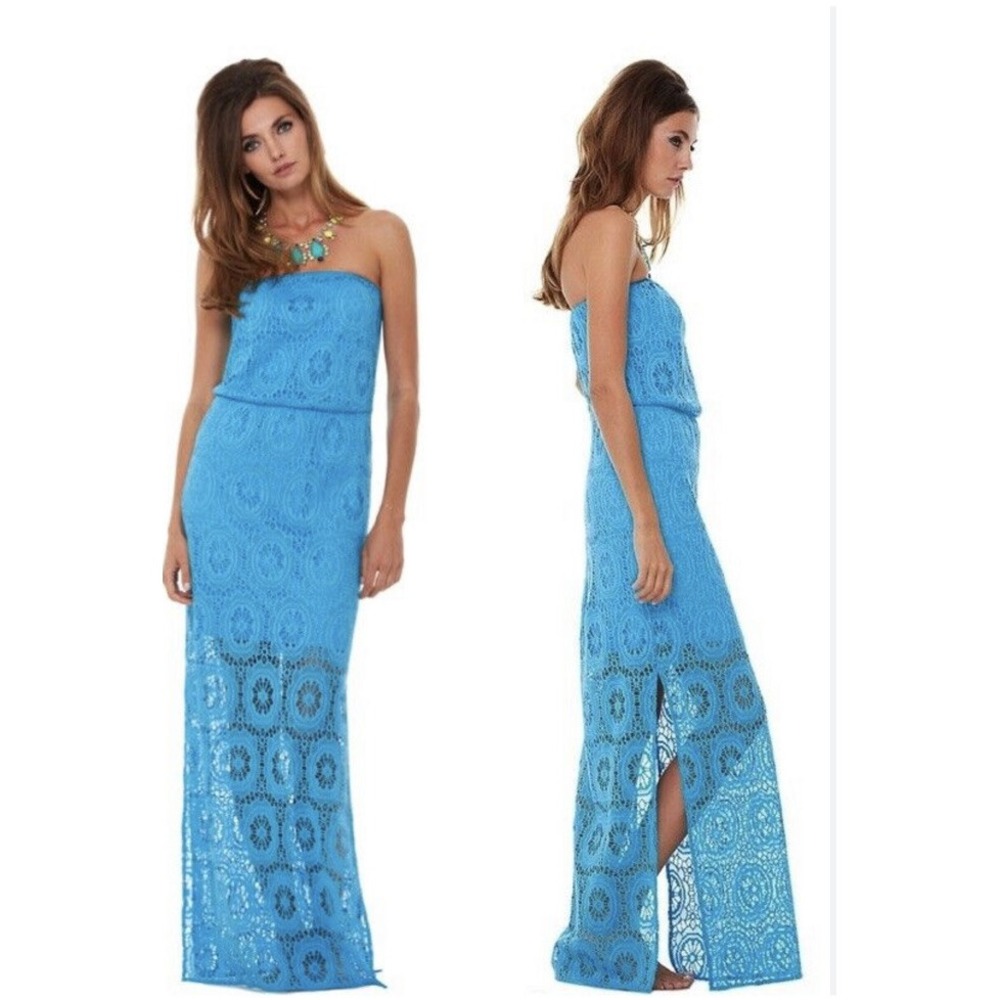 Lilly Pulitzer Emmett Maxi Dress Ariel Blue King Street Lace Strapless Size M